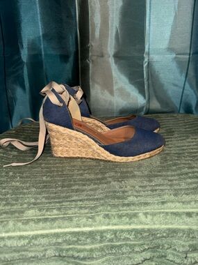Navy Espadrille Wedge Ankle-Tie Shoes